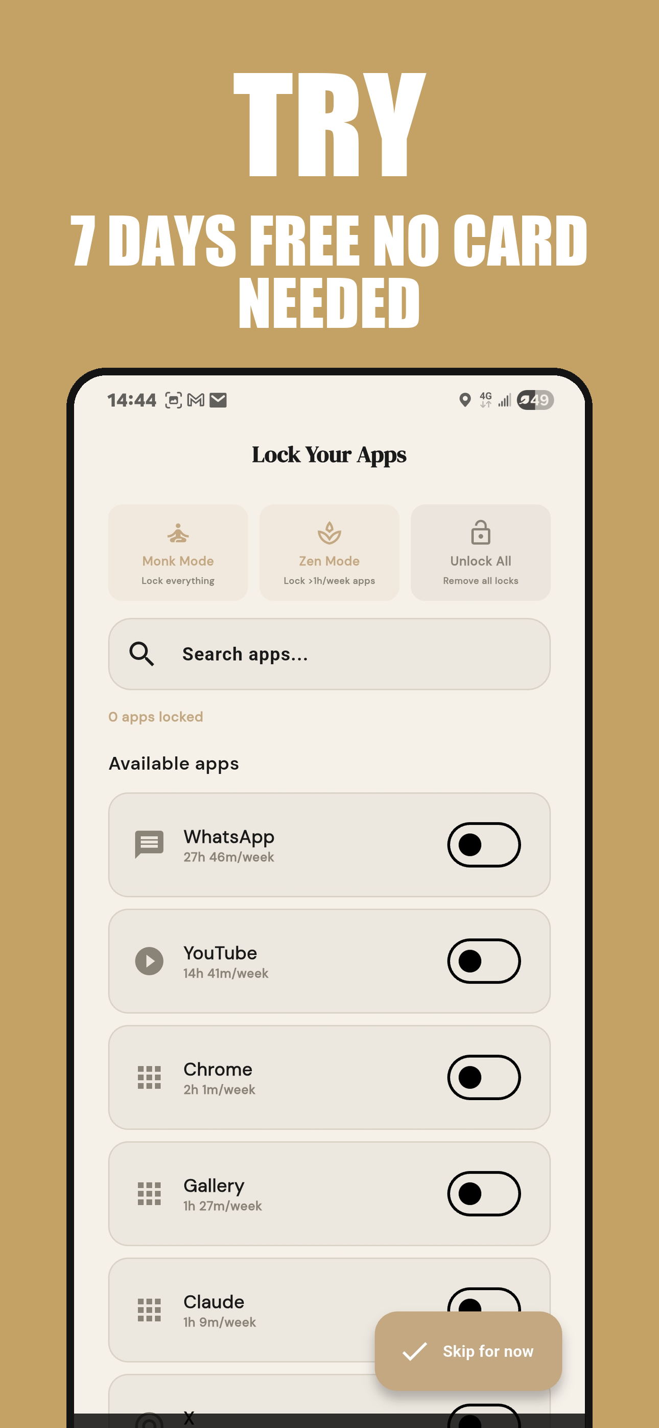 App selection screen with WhatsApp, YouTube, Chrome